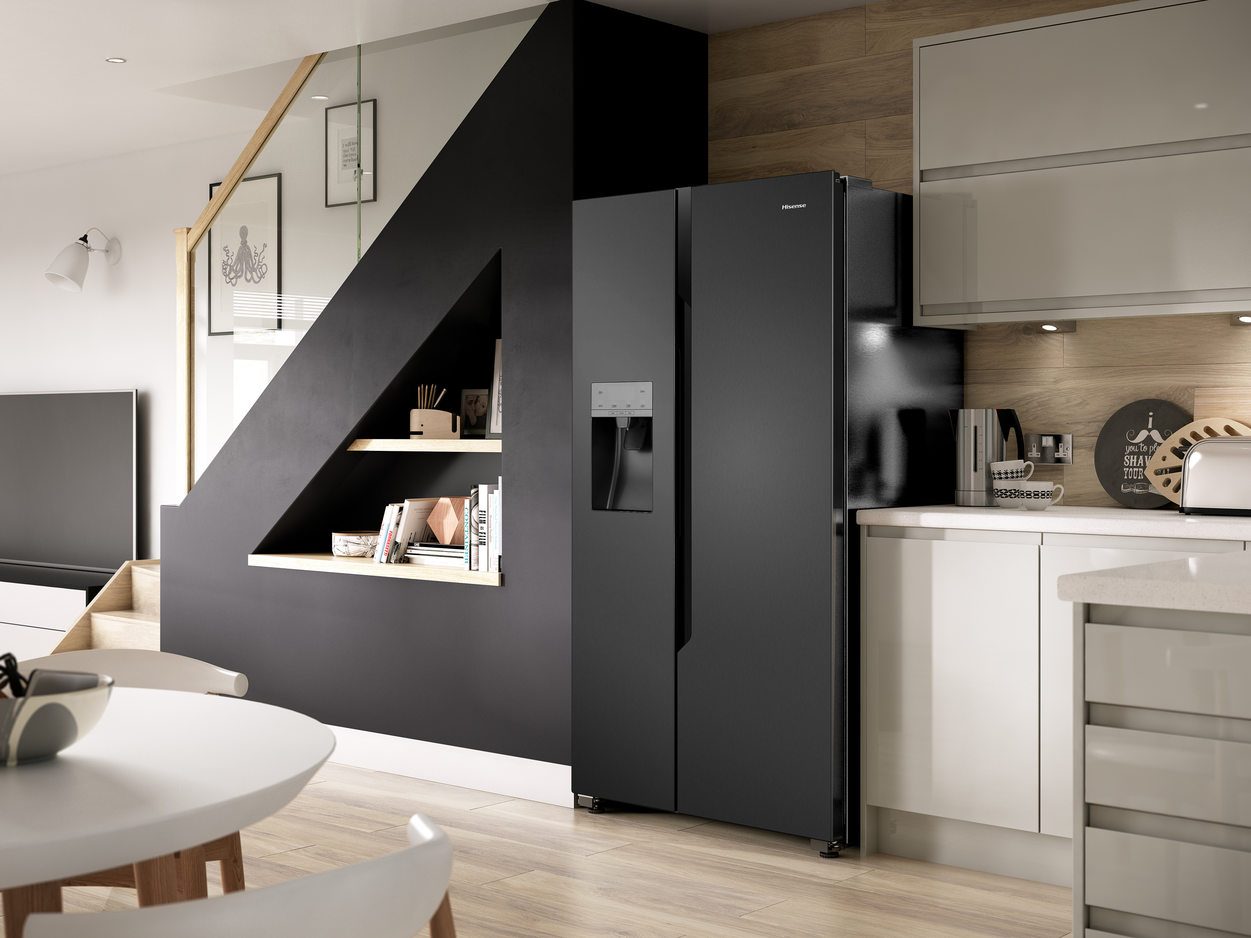 Черный холодильник Side by Side в интерьере кухни