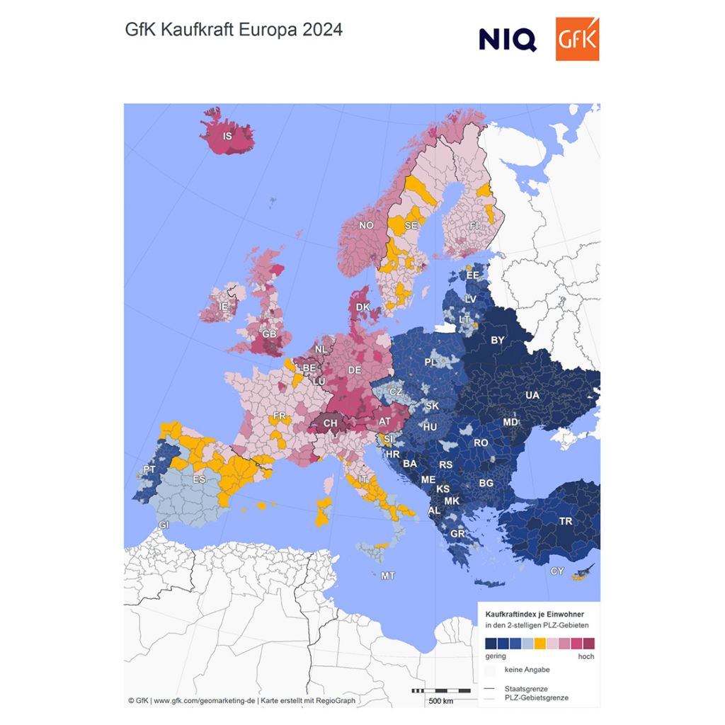 Die GfK-Studie zeigt deutliche Unterschiede der Kaufkraft in Europa.