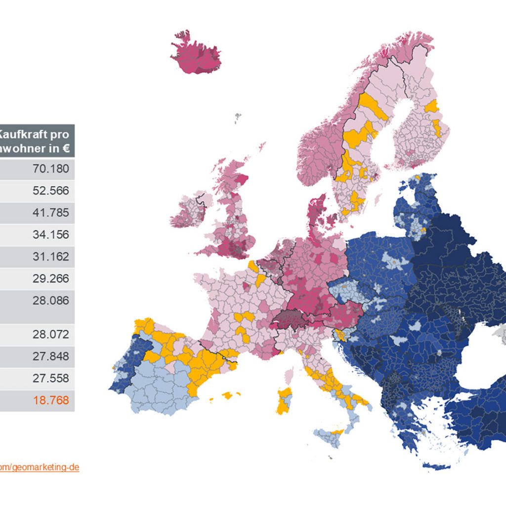 Aktuelle Kaufkraftverteilung in Europa (Grafik: NIQ-GfK).