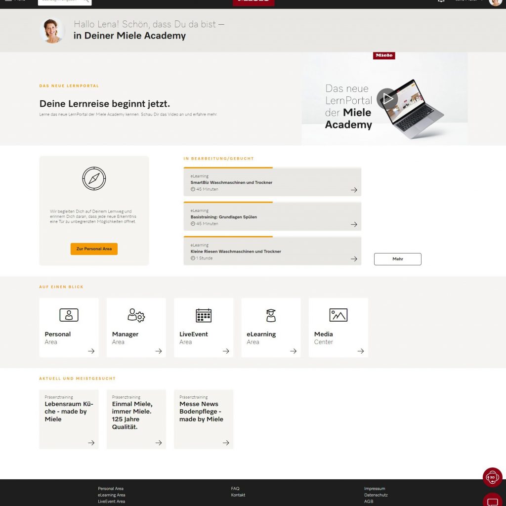 Startseite des neuen LernPortals von Miele für den Handel: Inhalte stellen sich die Nutzerinnen und Nutzer individuell zusammen. (Grafik: Miele)